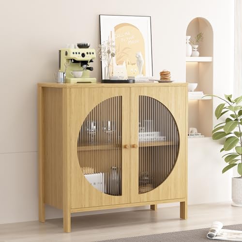 Lamerge Kitchen Buffet Storage Cabinets, Boho Sideboard Cabinets with 4 Glass Decorated Doors, Accent Cupboard Console Cabinets, Liquor Cabinet for Living Room/Hallway, Oak