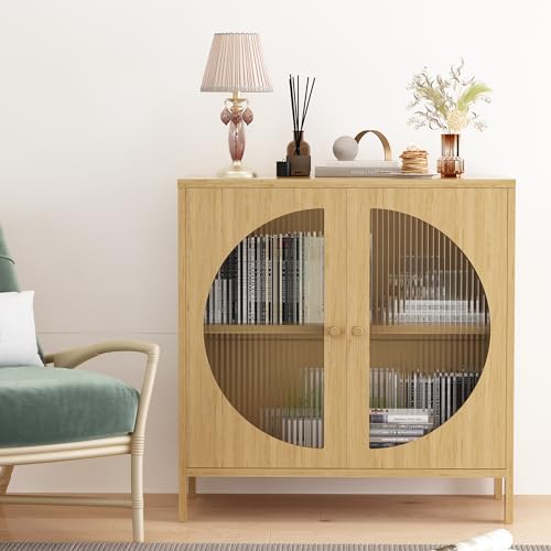 Lamerge Kitchen Buffet Storage Cabinets, Boho Sideboard Cabinets with 4 Glass Decorated Doors, Accent Cupboard Console Cabinets, Liquor Cabinet for Living Room/Hallway, Oak