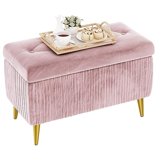 Lamerge Large Upholstered Velvet Storage Ottoman,End of Bed Bench,Flip Top Entryway Bench,Tufted Foot Rest Stool,Can Used as Tea Table,Vanity Bench,Livingroom Chair,47.24" W,Golden & Pink