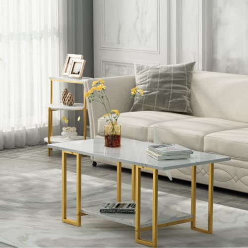 Hooseng 3 Piece Coffee Table Set for Living Room, Include Coffee Table & 2pcs Side Table, Living Room Table Set with Faux Marble Tabletop and Metal Frame for Apartment, Small Space