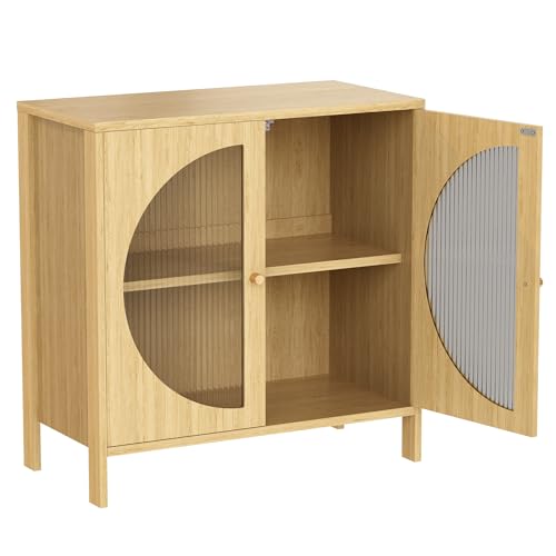 Lamerge Kitchen Buffet Storage Cabinets, Boho Sideboard Cabinets with 4 Glass Decorated Doors, Accent Cupboard Console Cabinets, Liquor Cabinet for Living Room/Hallway, Oak