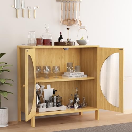 Lamerge Kitchen Buffet Storage Cabinets, Boho Sideboard Cabinets with 4 Glass Decorated Doors, Accent Cupboard Console Cabinets, Liquor Cabinet for Living Room/Hallway, Oak