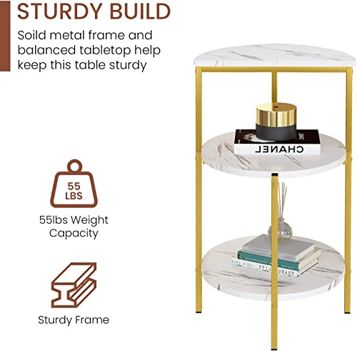 Lamerge White and Gold End Table, 3-Tier Faux Marble Side Table Small Round Coffee Table w/Metal Frame,Bedside Tables Nightstand for bedroom, Small Spaces
