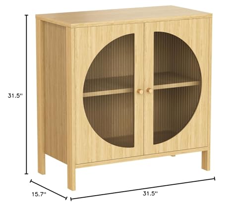 Lamerge Kitchen Buffet Storage Cabinets, Boho Sideboard Cabinets with 4 Glass Decorated Doors, Accent Cupboard Console Cabinets, Liquor Cabinet for Living Room/Hallway, Oak