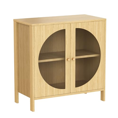 Lamerge Kitchen Buffet Storage Cabinets, Boho Sideboard Cabinets with 4 Glass Decorated Doors, Accent Cupboard Console Cabinets, Liquor Cabinet for Living Room/Hallway, Oak