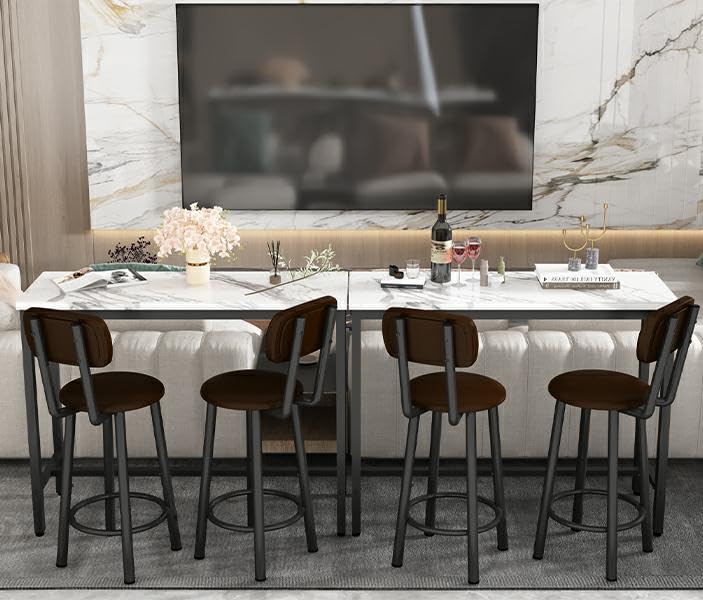 Lamerge Pub Height Set for 4,Kitchen Dining Set with 2 Bar Table Table and 4 PU Leather Stools with Backrest,Faux Marble Table Breakfast Table for Small Space,White & Black & Brown