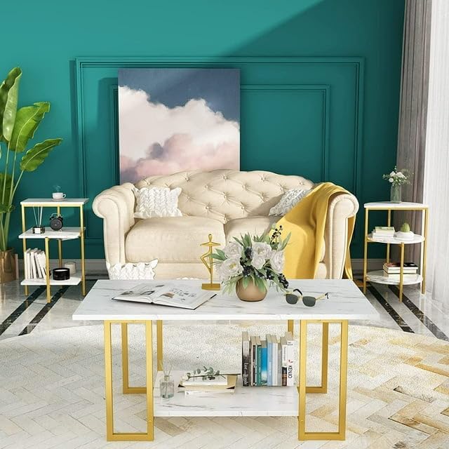 Modern 3-Piece Faux Marble Coffee Table Set with Metal Legs