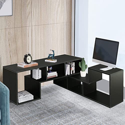 L-shaped TV Console Stand with 2-tier Shelf Bookcase