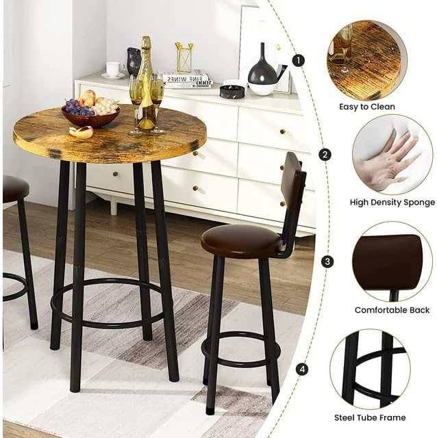 3 Piece Pub Dining Set Round Bar Table and Stools for 2
