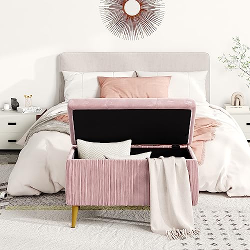 Lamerge Large Upholstered Velvet Storage Ottoman,End of Bed Bench,Flip Top Entryway Bench,Tufted Foot Rest Stool,Can Used as Tea Table,Vanity Bench,Livingroom Chair,47.24" W,Golden & Pink