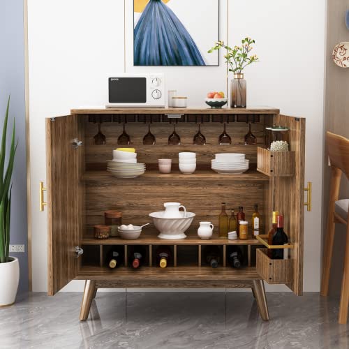 Lamerge Wine Bar Cabinet with Storage, Liquor Cabinet Kitchen Storage Cabinet with Wine Rack and Glass Holder, Sideboard Buffet Cabinet for Home Coffee Bar, Natural