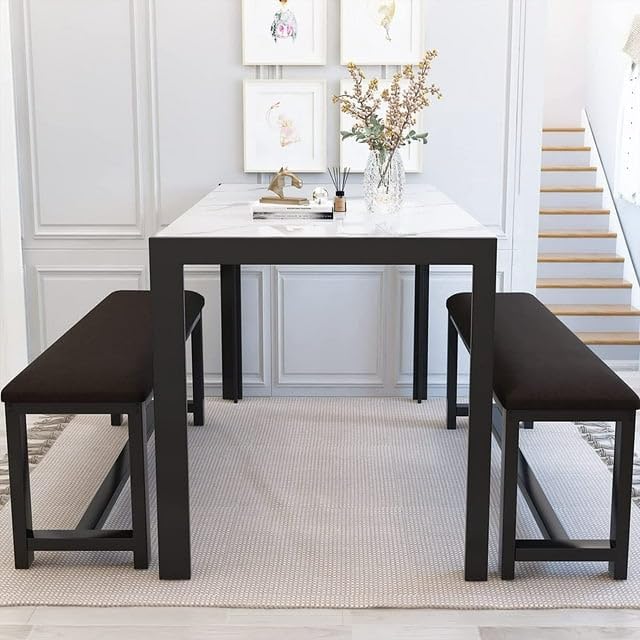 Dining Faux Marble 30.7" H Table and 2 PU Leather Upholstered Bench for 4