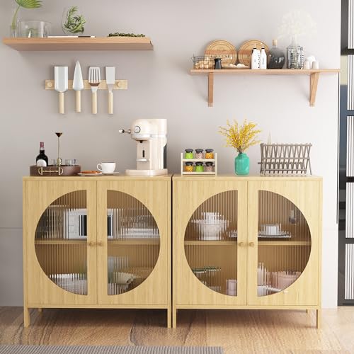 Lamerge Kitchen Buffet Storage Cabinets, Boho Sideboard Cabinets with 4 Glass Decorated Doors, Accent Cupboard Console Cabinets, Liquor Cabinet for Living Room/Hallway, Oak