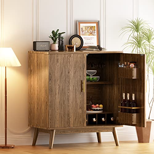 Lamerge Wine Bar Cabinet with Storage, Liquor Cabinet Kitchen Storage Cabinet with Wine Rack and Glass Holder, Sideboard Buffet Cabinet for Home Coffee Bar, Natural