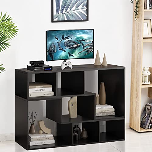 L-shaped TV Console Stand with 2-tier Shelf Bookcase