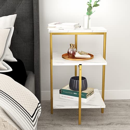 Hooseng 3 Piece Coffee Table Set for Living Room, Include Coffee Table & 2pcs Side Table, Living Room Table Set with Faux Marble Tabletop and Metal Frame for Apartment, Small Space