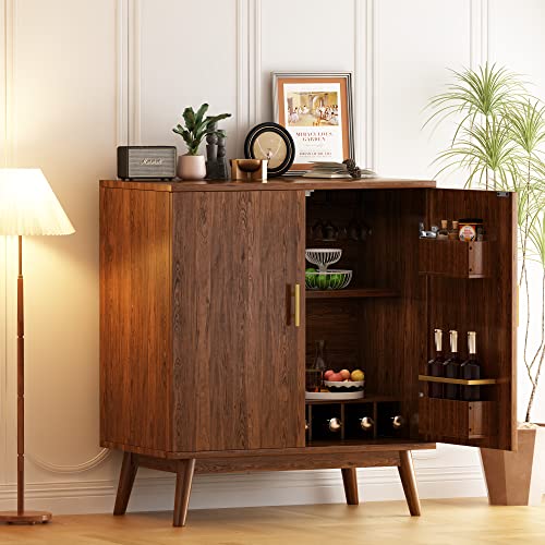 Lamerge Wine Bar Cabinet with Storage, Liquor Cabinet Kitchen Storage Cabinet with Wine Rack and Glass Holder, Sideboard Buffet Cabinet for Home Coffee Bar, Natural