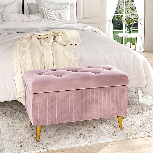 Lamerge Large Upholstered Velvet Storage Ottoman,End of Bed Bench,Flip Top Entryway Bench,Tufted Foot Rest Stool,Can Used as Tea Table,Vanity Bench,Livingroom Chair,47.24" W,Golden & Pink