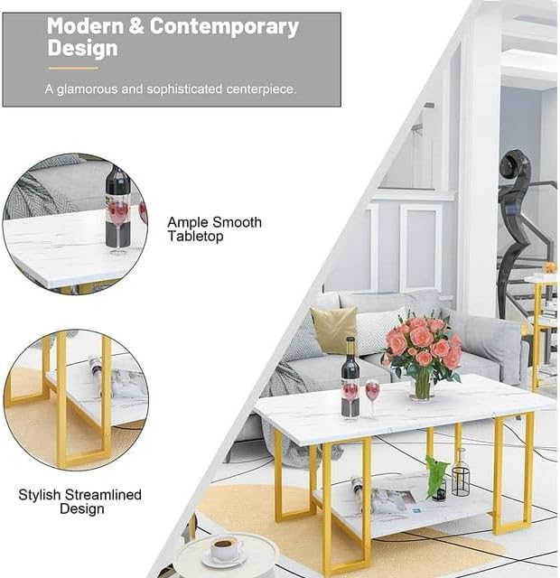 Modern 3-Piece Faux Marble Coffee Table Set with Metal Legs