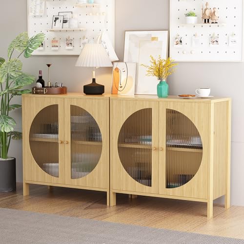 Lamerge Kitchen Buffet Storage Cabinets, Boho Sideboard Cabinets with 4 Glass Decorated Doors, Accent Cupboard Console Cabinets, Liquor Cabinet for Living Room/Hallway, Oak