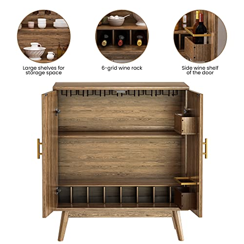 Lamerge Wine Bar Cabinet with Storage, Liquor Cabinet Kitchen Storage Cabinet with Wine Rack and Glass Holder, Sideboard Buffet Cabinet for Home Coffee Bar, Natural