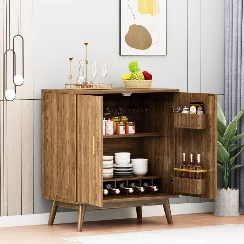 Lamerge Wine Bar Cabinet with Storage, Liquor Cabinet Kitchen Storage Cabinet with Wine Rack and Glass Holder, Sideboard Buffet Cabinet for Home Coffee Bar, Natural