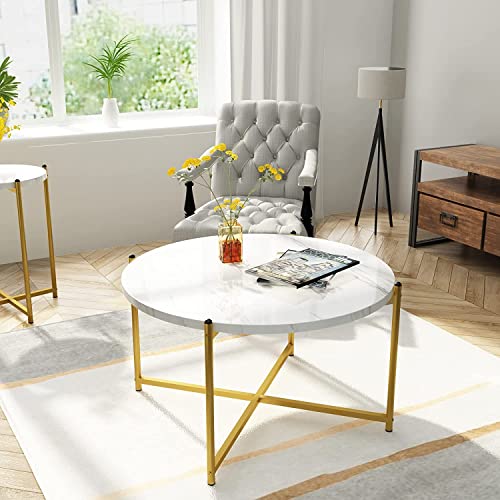 Hooseng 3 Piece Coffee Table Set for Living Room, Include Coffee Table & 2pcs Side Table, Living Room Table Set with Faux Marble Tabletop and Metal Frame for Apartment, Small Space
