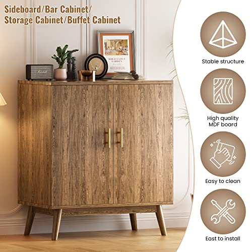 Lamerge Wine Bar Cabinet with Storage, Liquor Cabinet Kitchen Storage Cabinet with Wine Rack and Glass Holder, Sideboard Buffet Cabinet for Home Coffee Bar, Natural