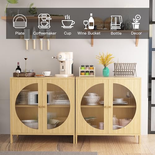 Lamerge Kitchen Buffet Storage Cabinets, Boho Sideboard Cabinets with 4 Glass Decorated Doors, Accent Cupboard Console Cabinets, Liquor Cabinet for Living Room/Hallway, Oak