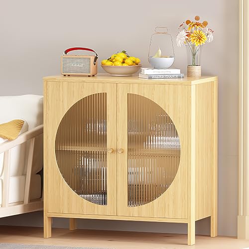 Lamerge Kitchen Buffet Storage Cabinets, Boho Sideboard Cabinets with 4 Glass Decorated Doors, Accent Cupboard Console Cabinets, Liquor Cabinet for Living Room/Hallway, Oak