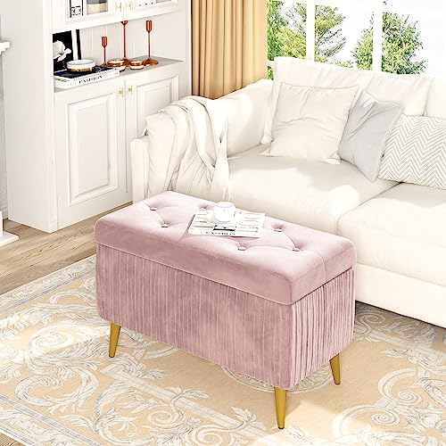Lamerge Large Upholstered Velvet Storage Ottoman,End of Bed Bench,Flip Top Entryway Bench,Tufted Foot Rest Stool,Can Used as Tea Table,Vanity Bench,Livingroom Chair,47.24" W,Golden & Pink