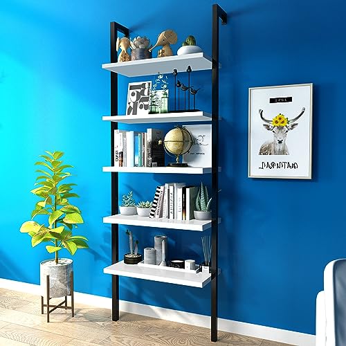 Hooseng Open Wall Mount Bookcase, Modern 5-Shelf Ladder Shelf w/Industrial Metal + Manufactured Wood Storage Organizer, Plant Display Rack, Stand Bookshelf for Home Office, Black
