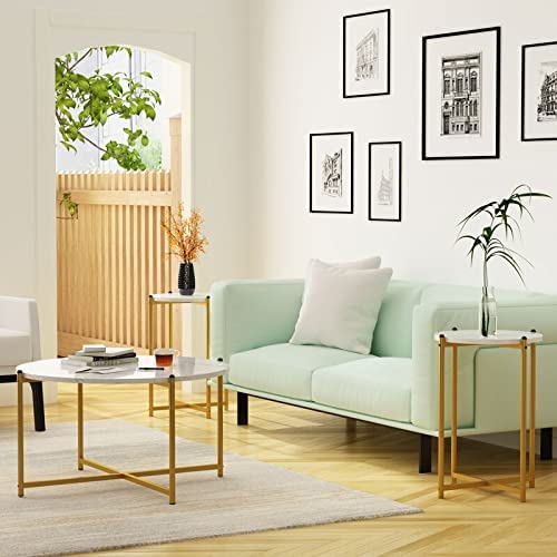 Hooseng 3 Piece Coffee Table Set for Living Room, Include Coffee Table & 2pcs Side Table, Living Room Table Set with Faux Marble Tabletop and Metal Frame for Apartment, Small Space