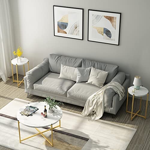 Hooseng 3 Piece Coffee Table Set for Living Room, Include Coffee Table & 2pcs Side Table, Living Room Table Set with Faux Marble Tabletop and Metal Frame for Apartment, Small Space