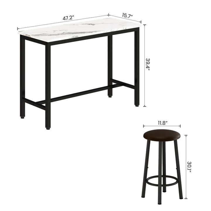 Lamerge Pub Height Set for 4,Kitchen Dining Set with 2 Bar Table Table and 4 PU Leather Stools with Backrest,Faux Marble Table Breakfast Table for Small Space,White & Black & Brown