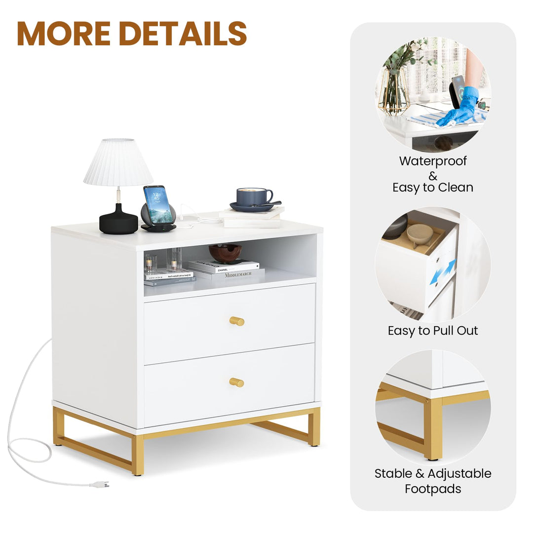 Lamerge Rattan Nightstands Set of 2, Boho Night Stands with Drawers & Metal Leg,Wood Bed Side Tables End Table for Bedroom, Living Room-Beige