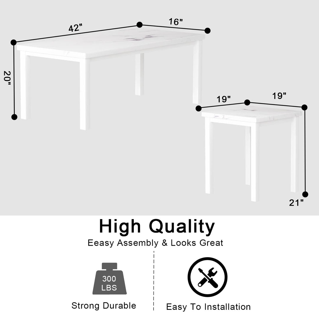 Hooseng Living Room Coffee Table Set-3pcs Faux Marble Living Room Furniture / 2 Side End Tables-Night Stand & Metal Frame-Rectangle, White