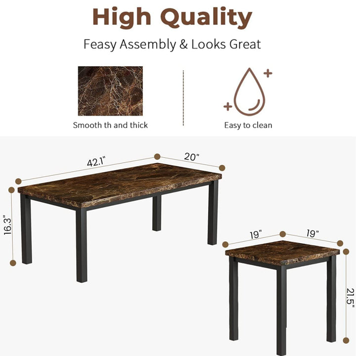 Hooseng Living Room Coffee Table Set-3pcs Faux Marble Living Room Furniture / 2 Side End Tables-Night Stand & Metal Frame-Rectangle, White