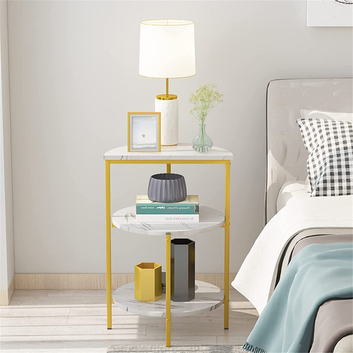 Lamerge White and Gold End Table, 3-Tier Faux Marble Side Table Small Round Coffee Table w/Metal Frame,Bedside Tables Nightstand for bedroom, Small Spaces