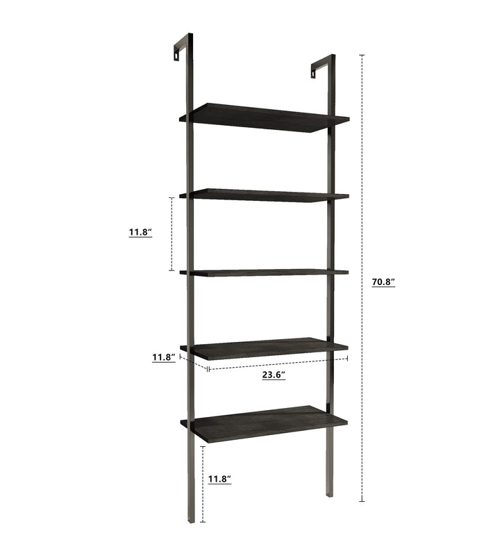Hooseng Open Wall Mount Bookcase, Modern 5-Shelf Ladder Shelf w/Industrial Metal + Manufactured Wood Storage Organizer, Plant Display Rack, Stand Bookshelf for Home Office, Black