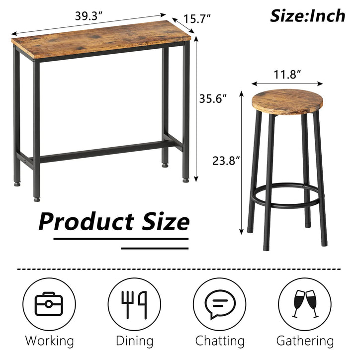 Hooseng Bar Table Set, 3 Piece Dining Table Set, Breakfast Bar Table for 2, Rectangle Kitchen Table Set with Steel Frame Pub Table for Small Space, Farmhouse, Cafe, Kitchen, Dining, Rustic Brown