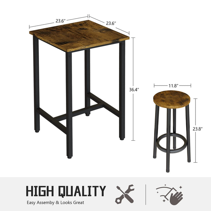 Hooseng Bar Table Set, 3 Piece Dining Table Set, Breakfast Bar Table for 2, Rectangle Kitchen Table Set with Steel Frame Pub Table for Small Space, Farmhouse, Cafe, Kitchen, Dining, Rustic Brown