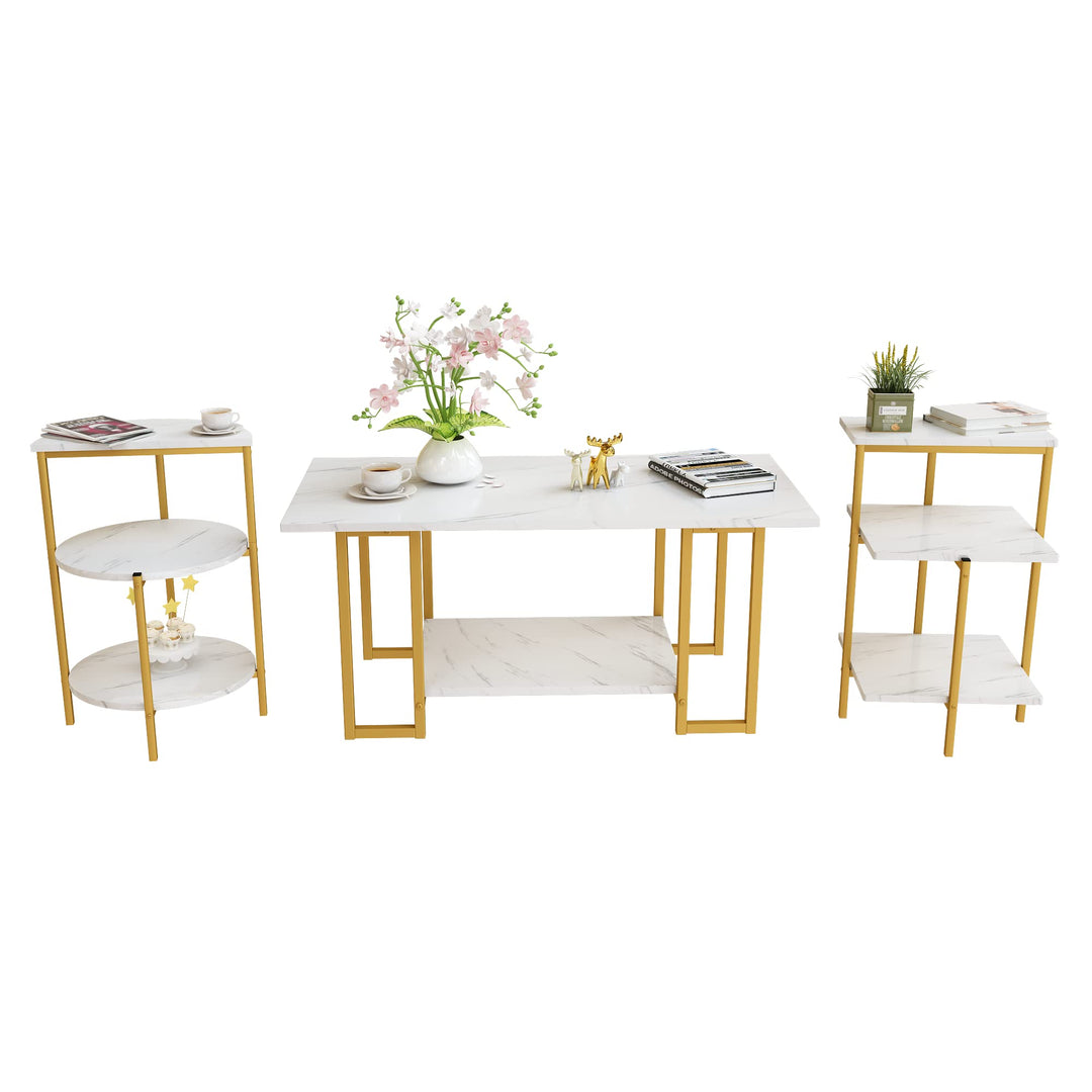 Hooseng 3 Piece Coffee Table Set for Living Room, Include Coffee Table & 2pcs Side Table, Living Room Table Set with Faux Marble Tabletop and Metal Frame for Apartment, Small Space