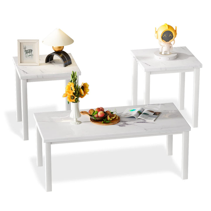 Hooseng Living Room Coffee Table Set-3pcs Faux Marble Living Room Furniture / 2 Side End Tables-Night Stand & Metal Frame-Rectangle, White