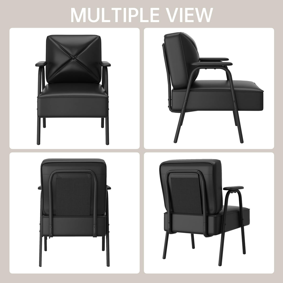 Lamerge Black Small Accent Chair Set of 2, Mid Century Modern Side Chair with Padded Armrests, Retro Faux Leather Arm Chair for Living Room, Bedroom, Office, Reception Room