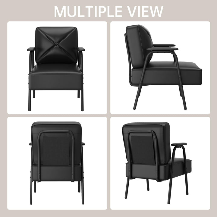 Lamerge Black Small Accent Chair Set of 2, Mid Century Modern Side Chair with Padded Armrests, Retro Faux Leather Arm Chair for Living Room, Bedroom, Office, Reception Room