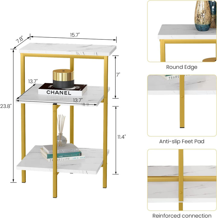Lamerge White and Gold End Table, 3-Tier Faux Marble Side Table Small Round Coffee Table w/Metal Frame,Bedside Tables Nightstand for bedroom, Small Spaces