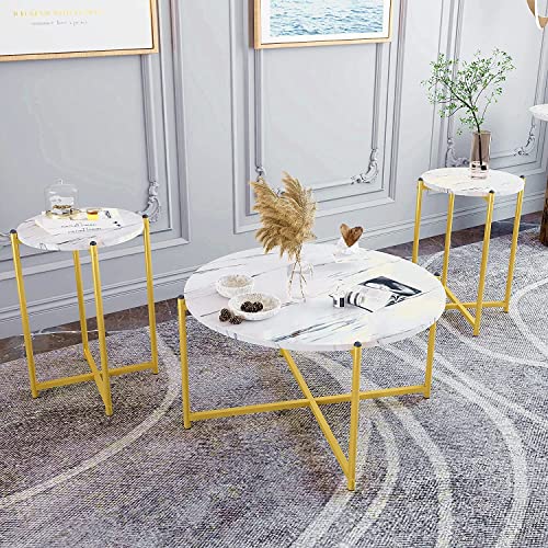 Hooseng 3 Piece Coffee Table Set for Living Room, Include Coffee Table & 2pcs Side Table, Living Room Table Set with Faux Marble Tabletop and Metal Frame for Apartment, Small Space