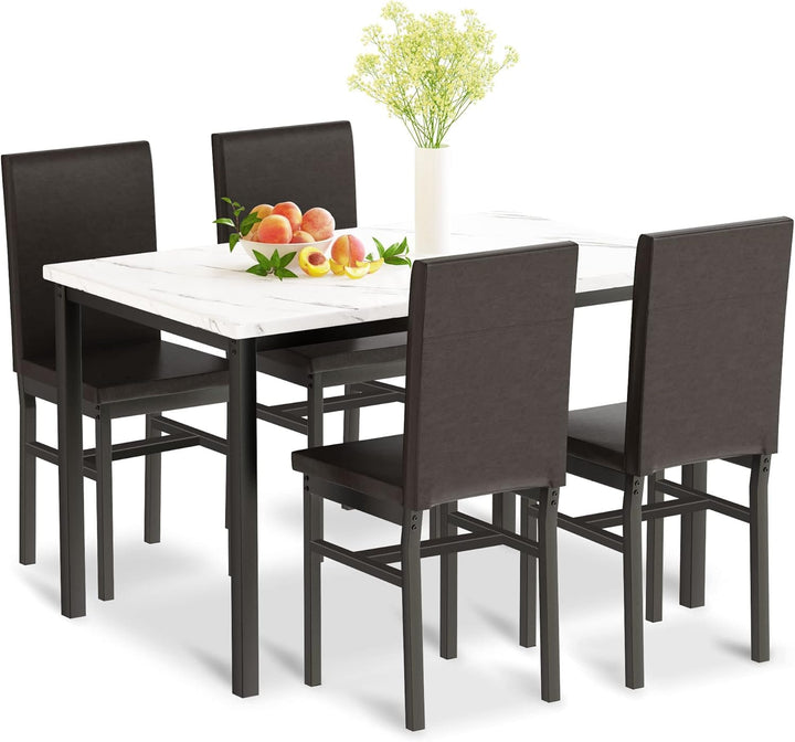 Hooseng Dining Table Set for 4 with Faux Marble Top and Upholstered Velvet Chairs