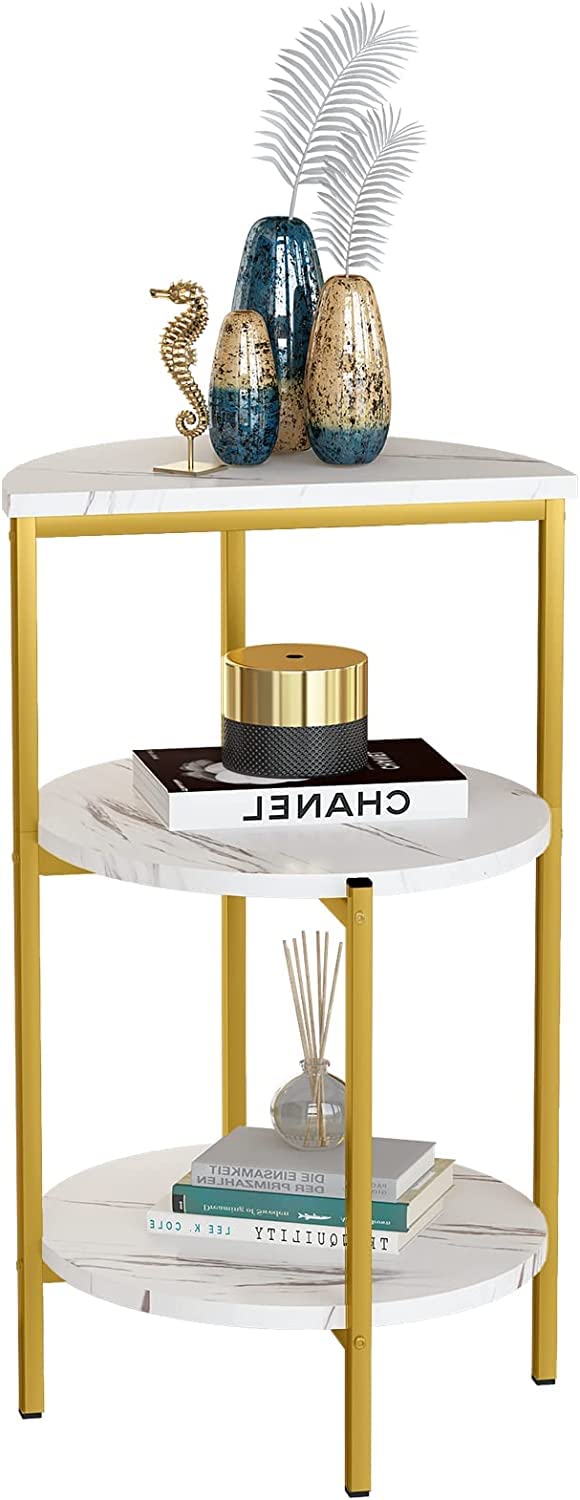 Lamerge White and Gold End Table, 3-Tier Faux Marble Side Table Small Round Coffee Table w/Metal Frame,Bedside Tables Nightstand for bedroom, Small Spaces